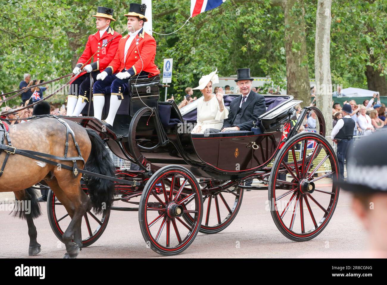 London, UK. 17th June, 2023. Sophie, Duchess of Edinburgh and Vice Admiral Sir Timothy Laurence travel in a horse-drawn carriage during the Trooping the Colour along The Mall in central London. The parade is held to mark the official birthday of King Charles III. This year will be the first Trooping the Colour held for King Charles III since he ascended to the throne following the death of Queen Elizabeth II on 8 September 2022. Credit: SOPA Images Limited/Alamy Live News Stock Photo