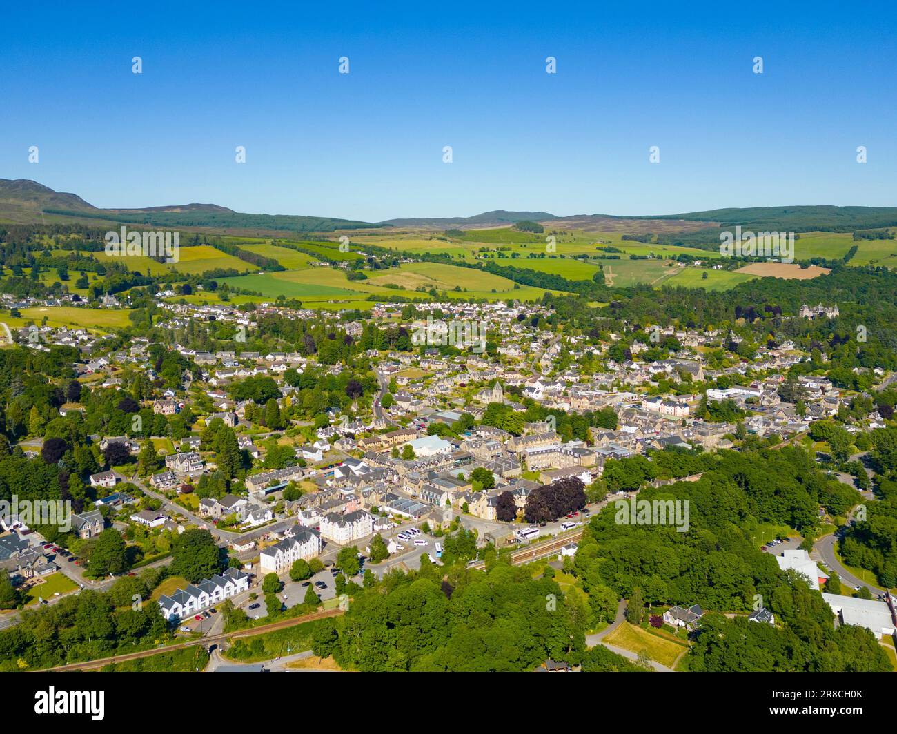 Aerial view from drone of Pitlochry town in Perth and Kinross, Scotland