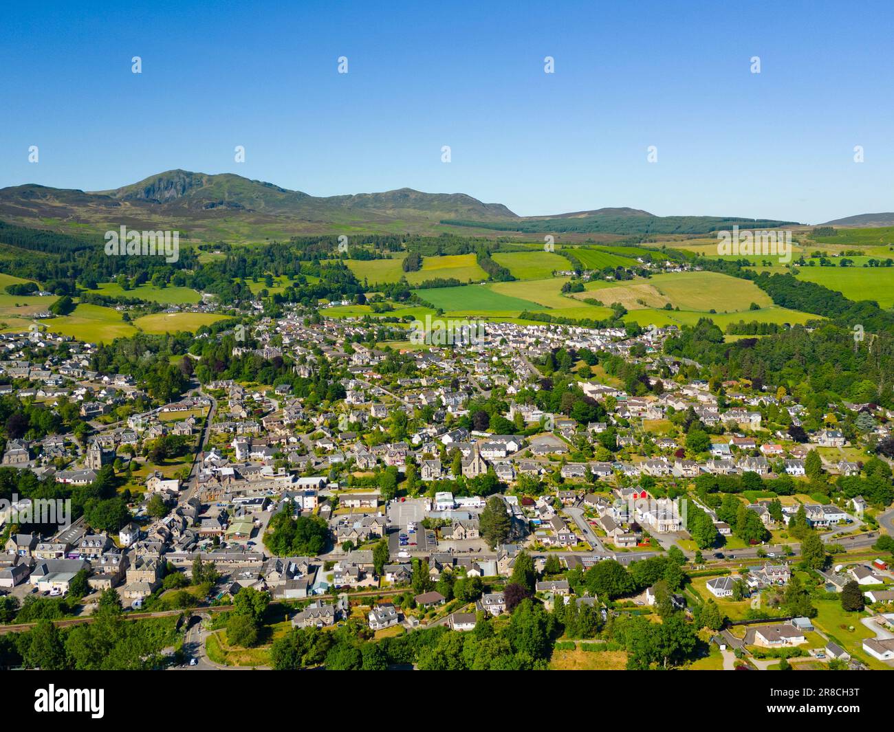 Aerial view from drone of Pitlochry town in Perth and Kinross, Scotland