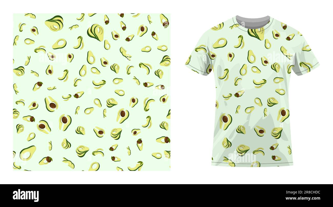 Short sleeved cotton sports t shirt decorated Avocado cutting fruit seamless pattern. Avocado wedges and slices. Comfortable summer clothes. Vector or Stock Vector
