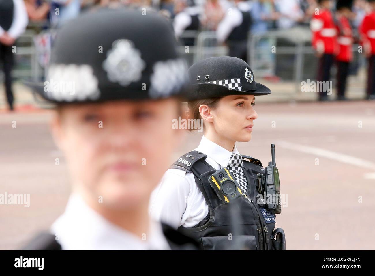 London, UK. 17th June, 2023. Police officers guard the route of the Trooping the Colour parade. The parade is held to mark the official birthday of King Charles III. This year will be the first Trooping the Colour held for King Charles III since he ascended to the throne following the death of Queen Elizabeth II on 8 September 2022. (Photo by Steve Taylor/SOPA Images/Sipa USA) Credit: Sipa USA/Alamy Live News Stock Photo