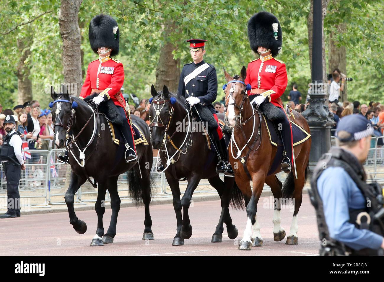 London, UK. 17th June, 2023. Soldiers on horseback seen along The Mall in central London, during the Trooping the Colour parade. The parade is held to mark the official birthday of King Charles III. This year will be the first Trooping the Colour held for King Charles III since he ascended to the throne following the death of Queen Elizabeth II on 8 September 2022. (Photo by Steve Taylor/SOPA Images/Sipa USA) Credit: Sipa USA/Alamy Live News Stock Photo
