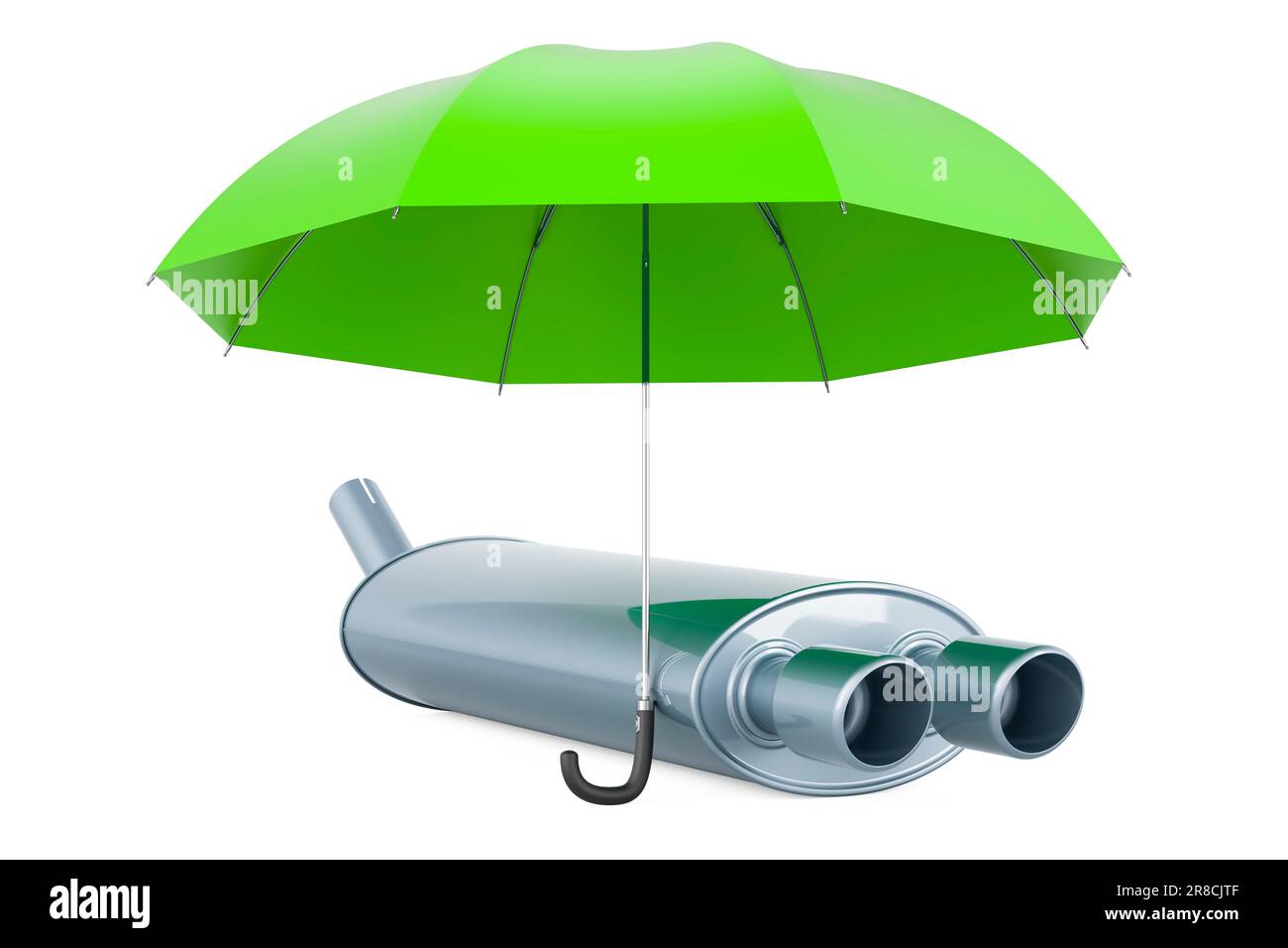 Car exhaust pipe under umbrella, 3D rendering isolated on white