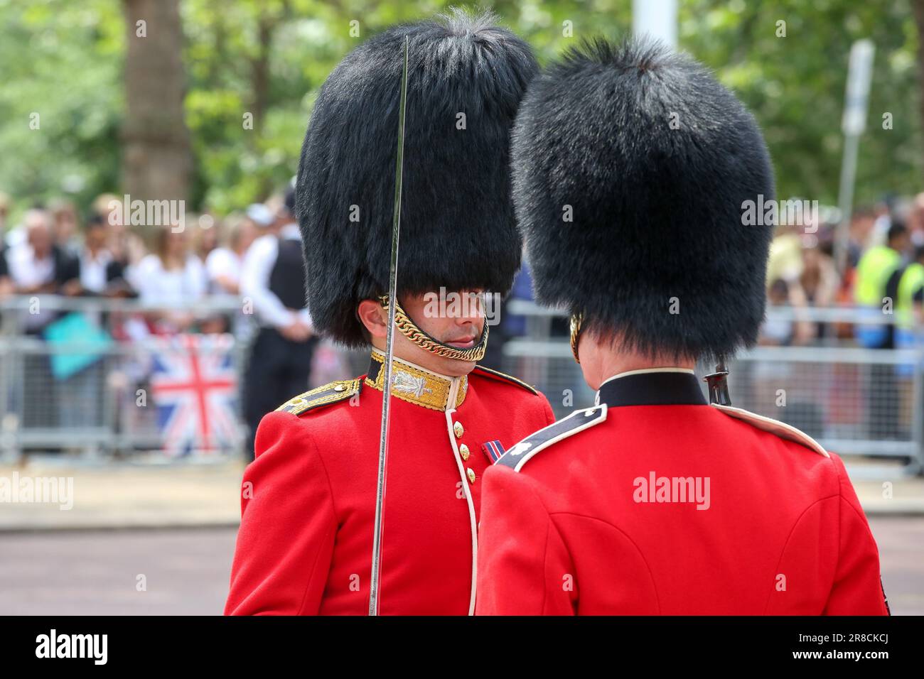 London, UK. 17th June, 2023. Soldiers seen at The Mall in central London, during the Trooping the Colour parade. The parade is held to mark the official birthday of King Charles III. This year will be the first Trooping the Colour held for King Charles III since he ascended to the throne following the death of Queen Elizabeth II on 8 September 2022. (Credit Image: © Steve Taylor/SOPA Images via ZUMA Press Wire) EDITORIAL USAGE ONLY! Not for Commercial USAGE! Stock Photo