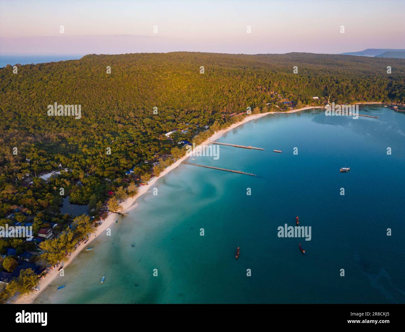 An aerial shot of the Saracen Bay surrounded by greenery in Koh Rong