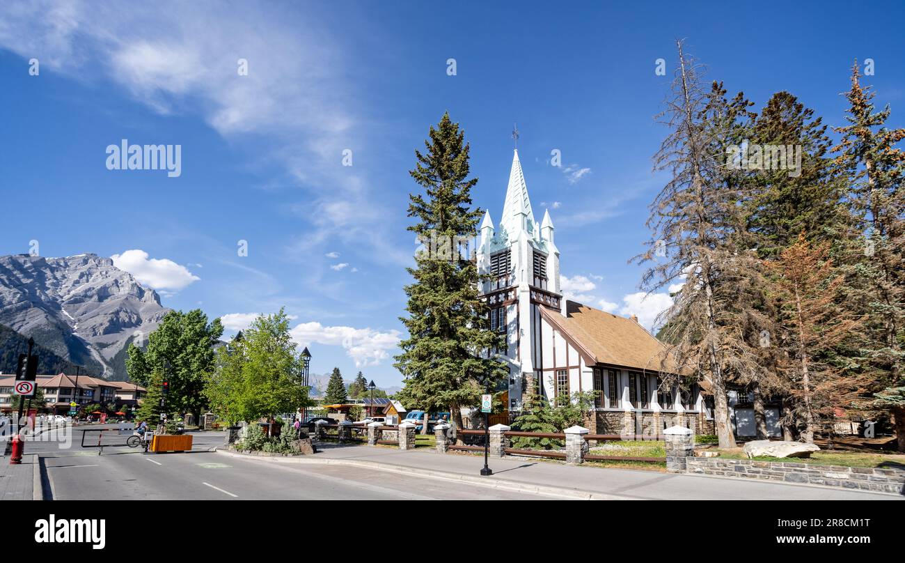 St Paul's Presbyterian church in Banff Avenue, Banff, Alberta, Canada on 8 June 2023 Stock Photo