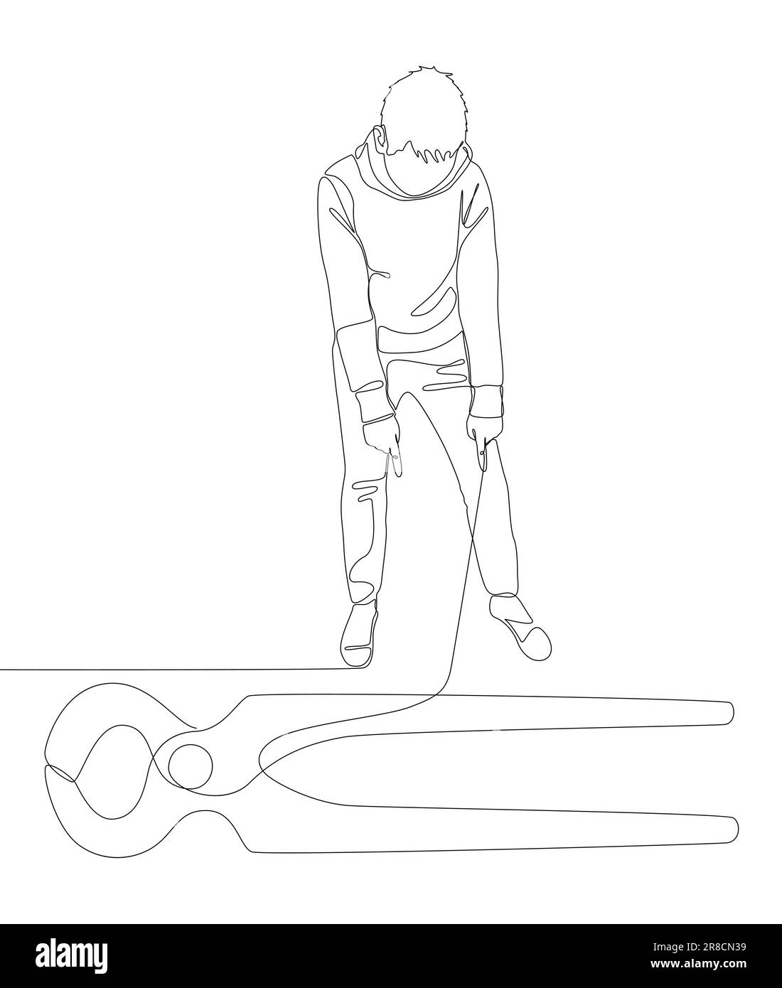 One continuous line of Man pointing with finger at Pliers, Tongs. A