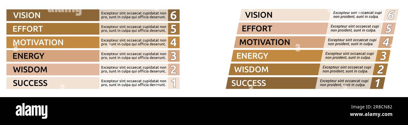 Simple six steps or levels infographics, 6 beige brown bar with text, rectangular and slanted version Stock Vector