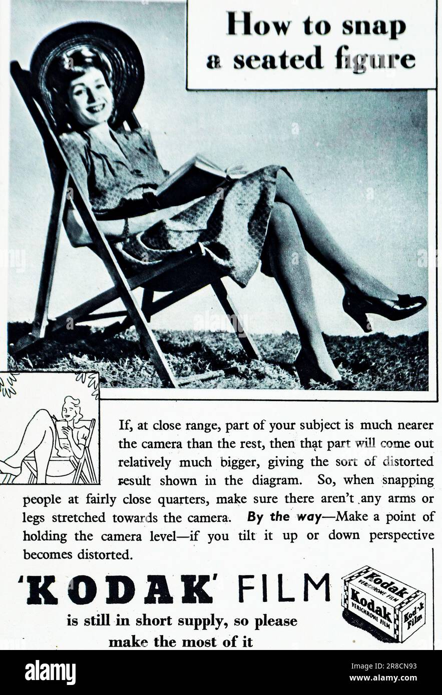 A 1945 advertisement for Kodak Film.Though giving advice about how to position your camera for the best result, the advertisement states that Kodak Film is still in short supply, post war, ‘so please make the most of it’. World War 2 was the most expensive war in history and war ravaged countries were unable to produce sufficient products for their populations, Stock Photo