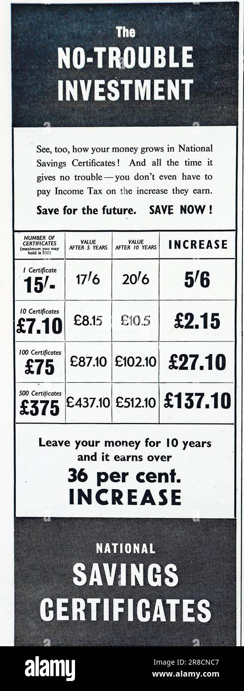 A 1942 advertisement for National Savings in the United Kingdom offering 36% return over 10 years. During World War 2 the people of the United Kingdom were encouraged to save with National Savings  to help fund the war effort. By the time the war ended the Uk was the greatest debtor in the history of the world. Stock Photo