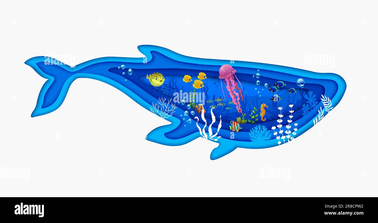 Sea whale silhouette and sea paper cut underwater landscape. Coral reef ...