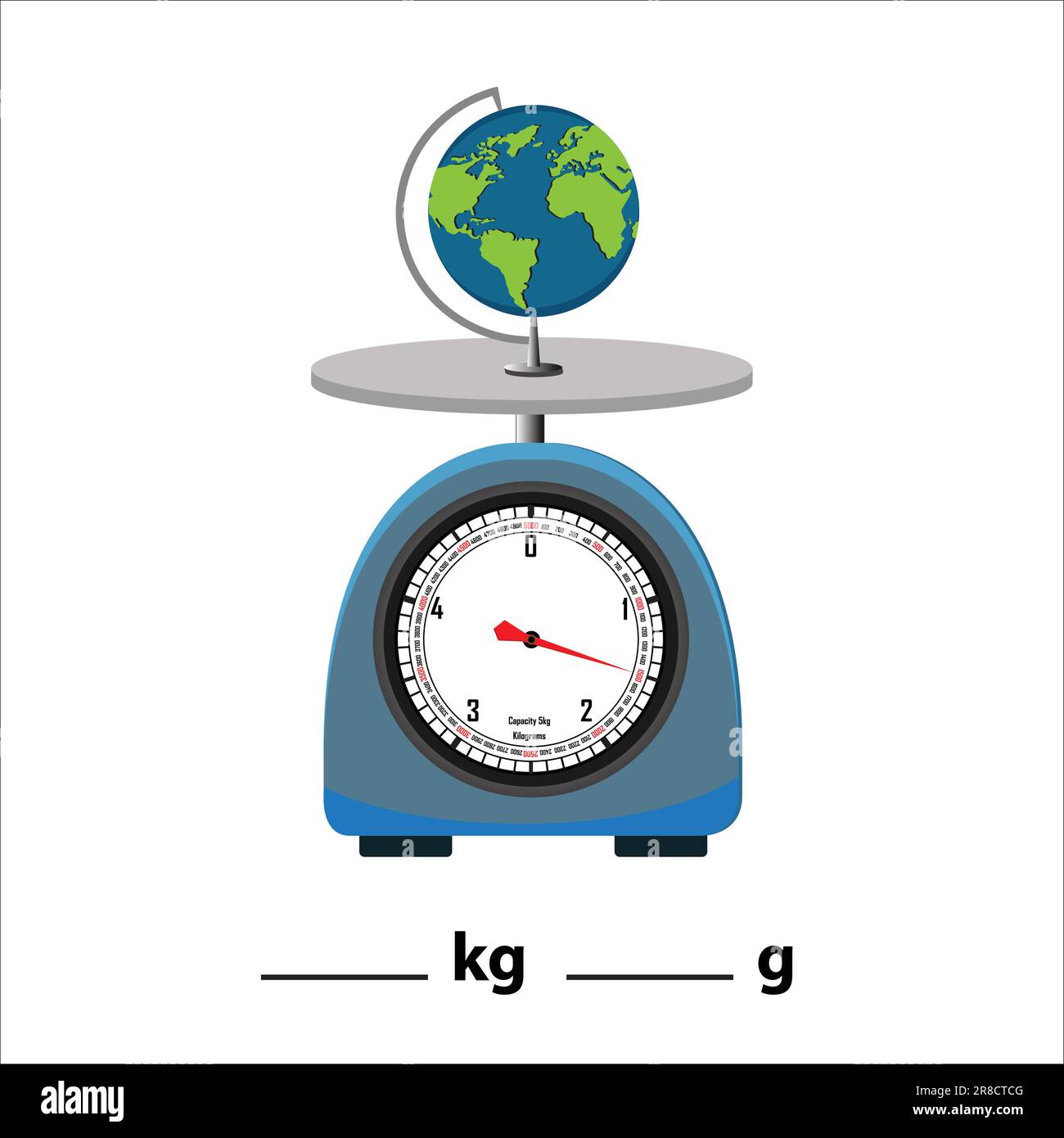 Globe 1.5kg on a weighing scale, isolate on white background. Weight balance vector illustration. Equilibrium comparison sign business concept. Stock Vector