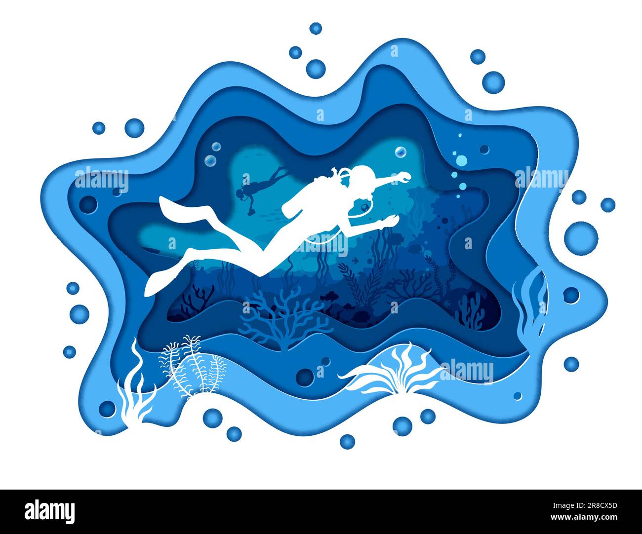 Scuba diving. Diver silhouettes and sea underwater paper cut landscape