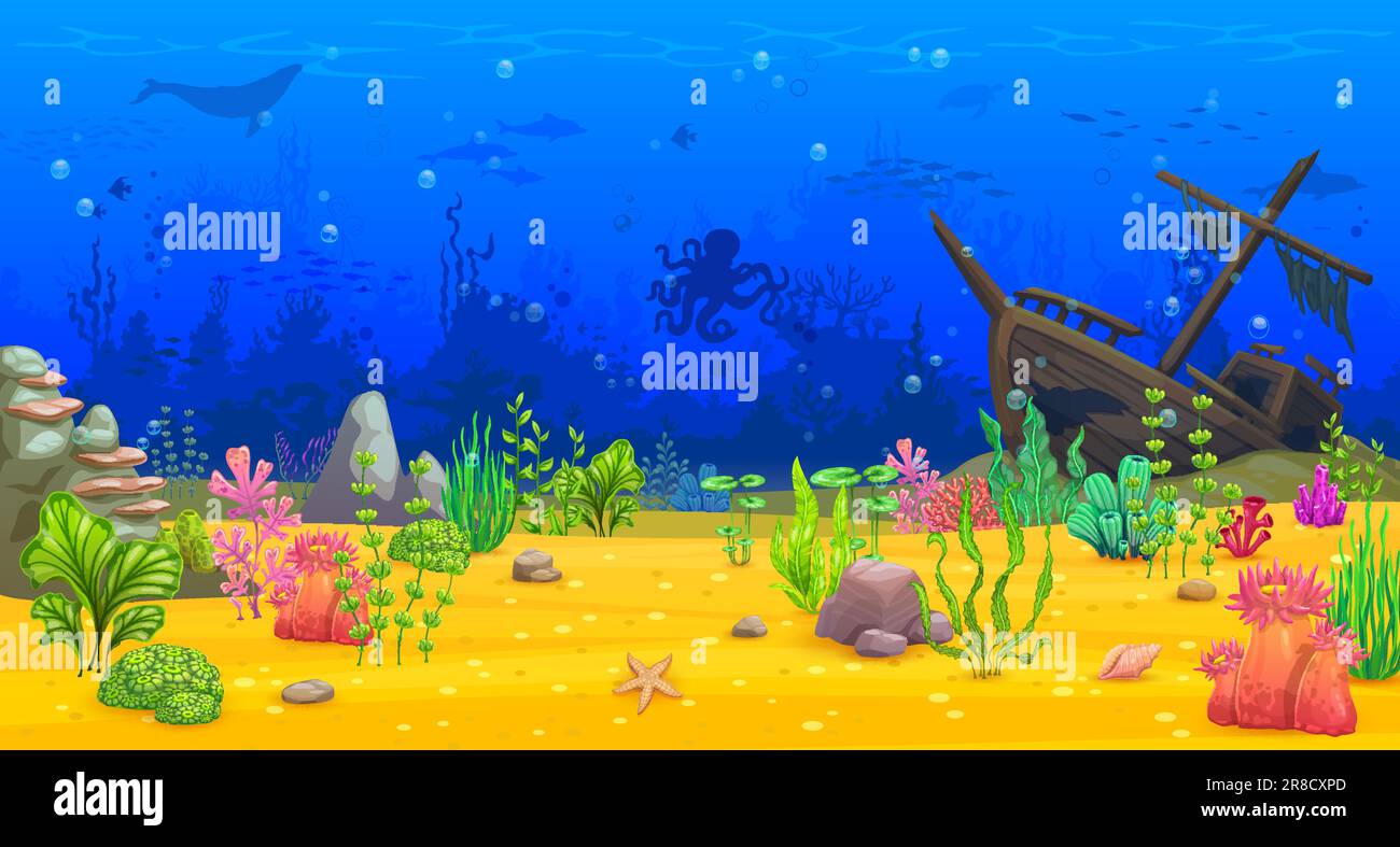 Cartoon underwater landscape, game level. Sea world scene, ocean deep wildlife or coral reef seascape vector background. Underwater animal and plants background with sunken ship, ocean bottom seaweeds Stock Vector