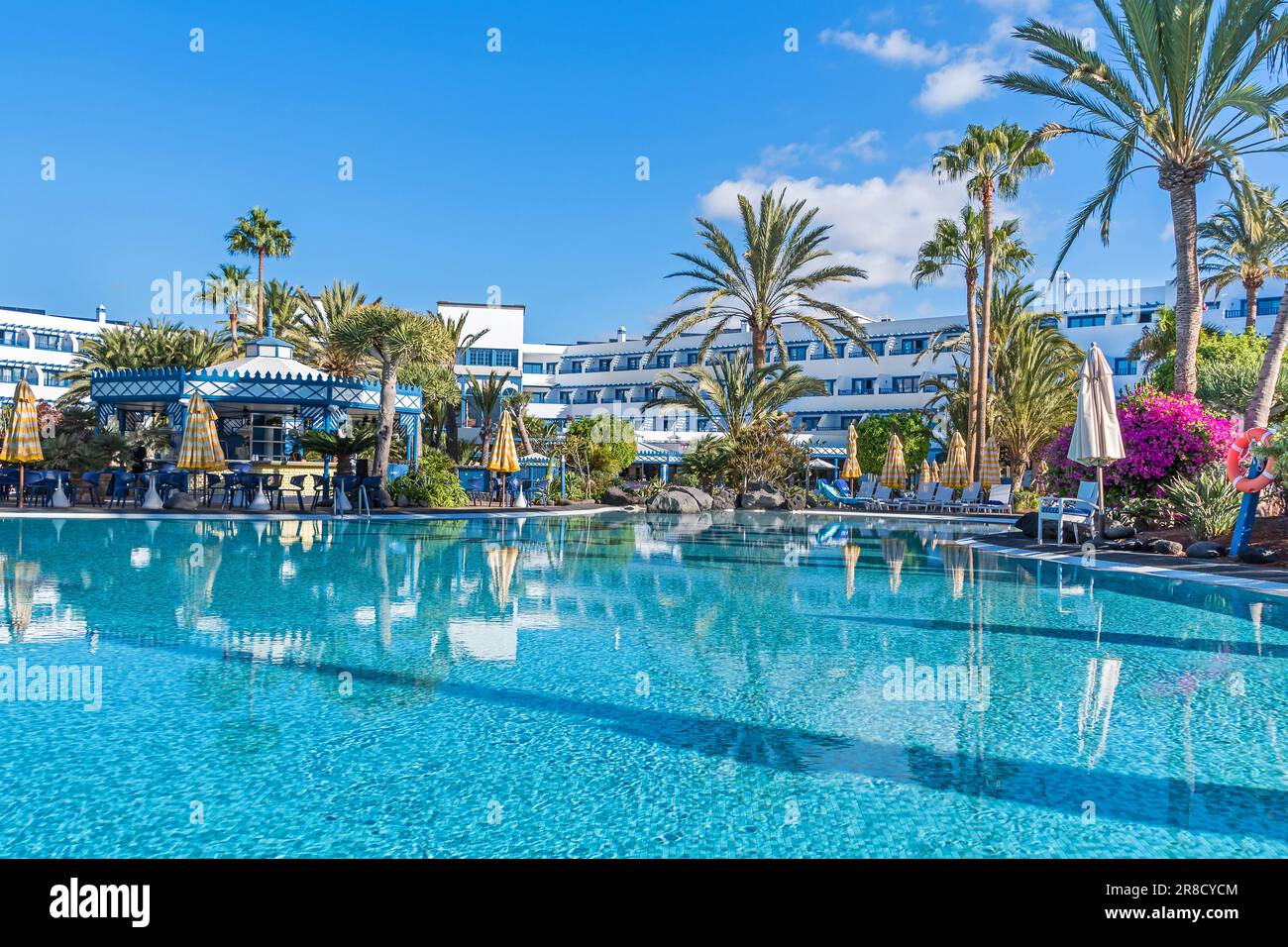 Puerto del Carmen, Spain - November 30, 2022: Pool landscape with tropical plants native to the Canary Island taken in the seaside resort of Playa de Stock Photo