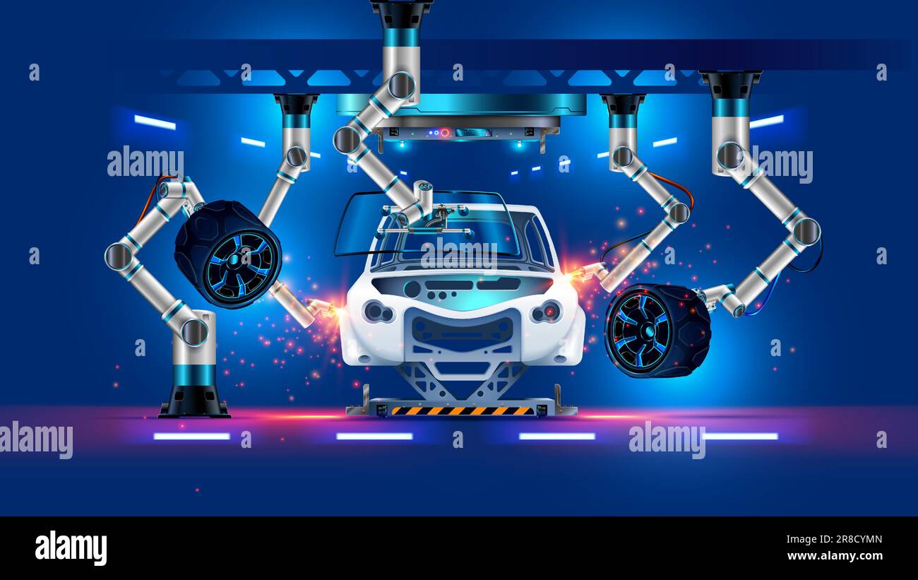 Robot assembles car on automotive industry manufacture. Automated 3d Robotic arm on production line laser welding car body, sets wheels, windscreen. I Stock Vector