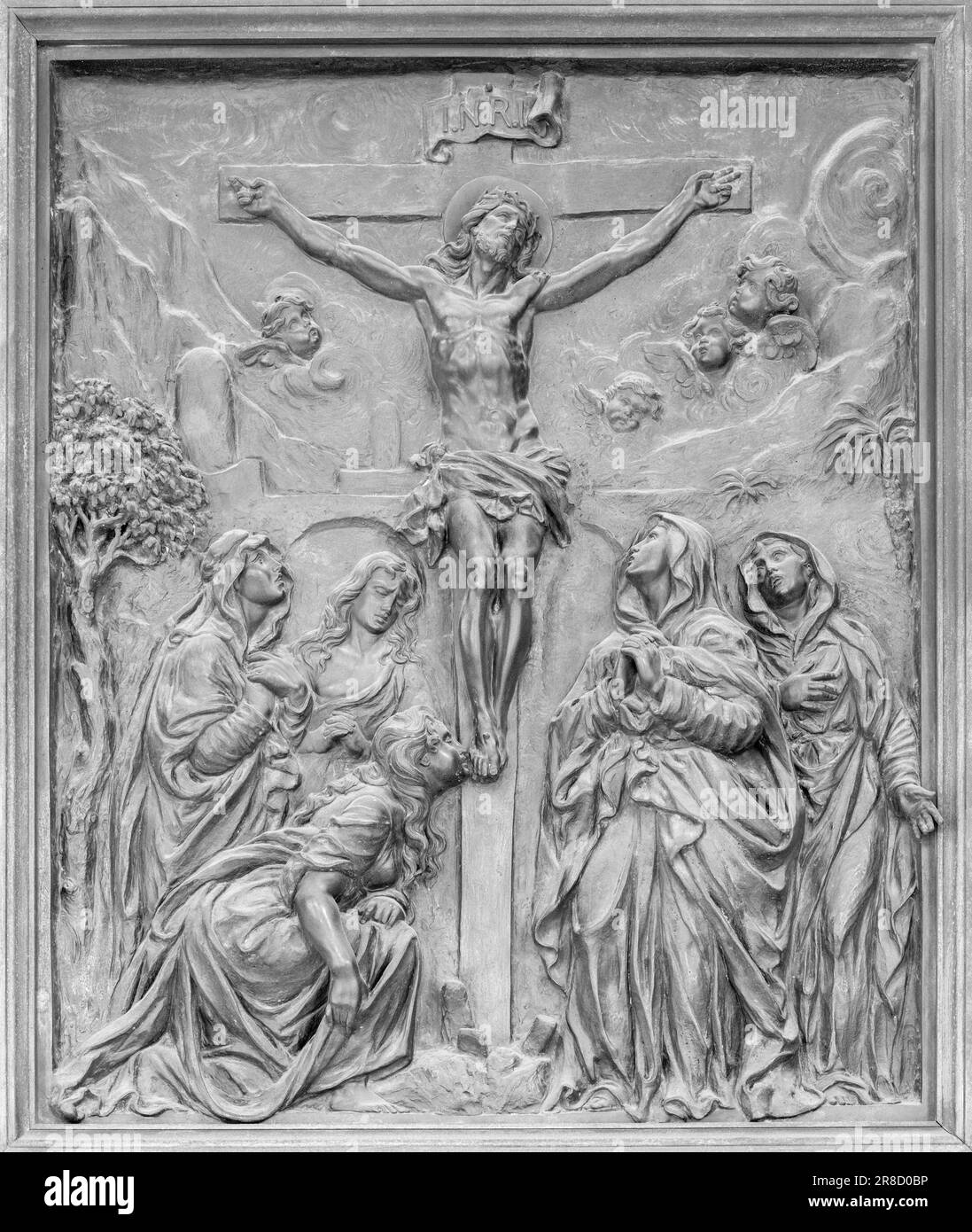 NAPLES, ITALY - APRIL 22, 2023:  The bronze relief of Crucifixion on the gate of church Basilica dell Incoronata Madre del Buon Consiglio Stock Photo