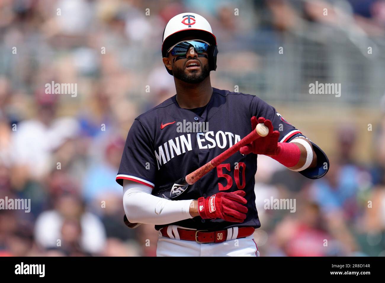 Minnesota Twins' Willi Castro (50) stands at the plate while batting during  the second inning of a baseball game against the Detroit Tigers, Saturday,  June 17, 2023, in Minneapolis. (AP Photo/Abbie Parr