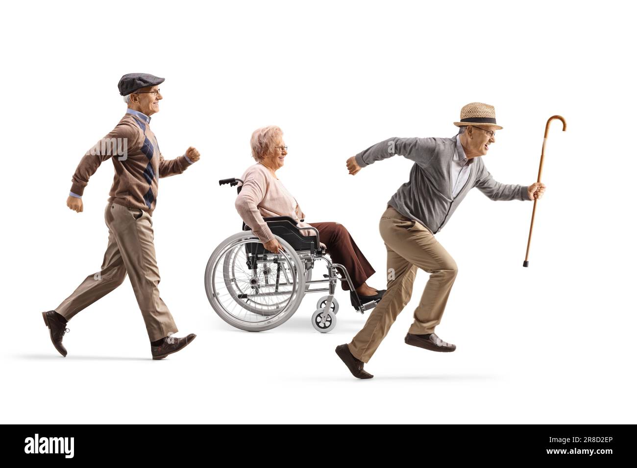 Senior men running and an elderly woman in a wheelchair isolated on white background Stock Photo