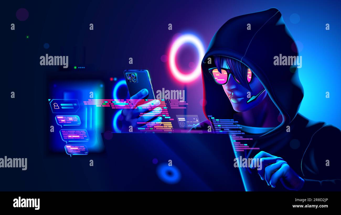 Hacker or phone scammer in hood hacking at computer and mobile smartphone in dark room. Computer criminal uses malware on phone to hack devices. Hacke Stock Vector