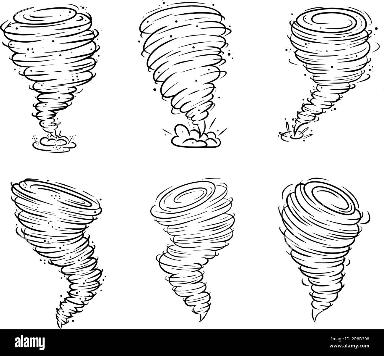 Tornado whirlwind vector icon set. Storm hurricane silhouette illustration. Swirl air cyclone weather spiral symbol. Nature disaster black line vortex Stock Vector