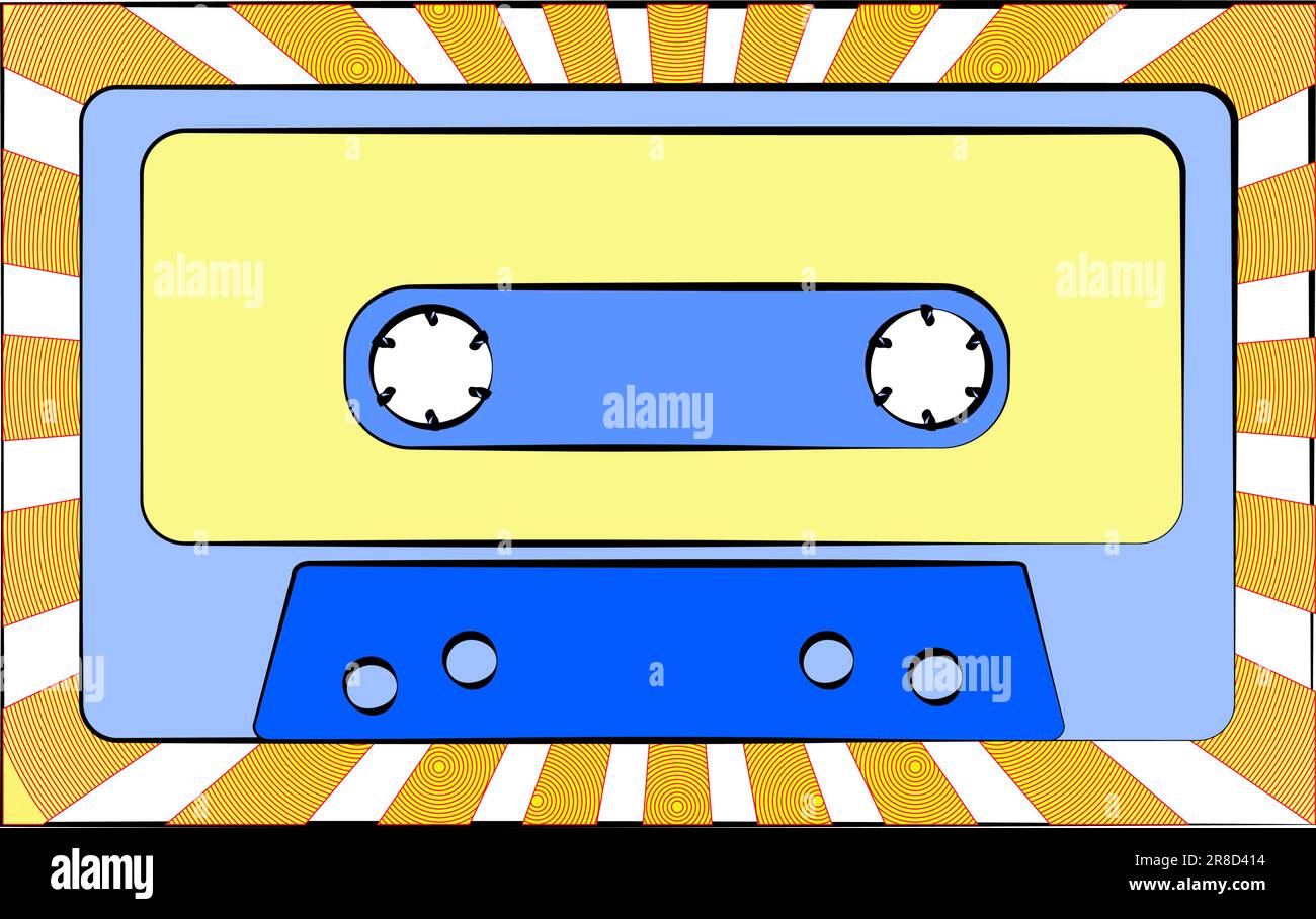 Old retro vintage antique hipster music audio cassette for a tape recorder against a background of yellow rays. Vector illustration Stock Vector