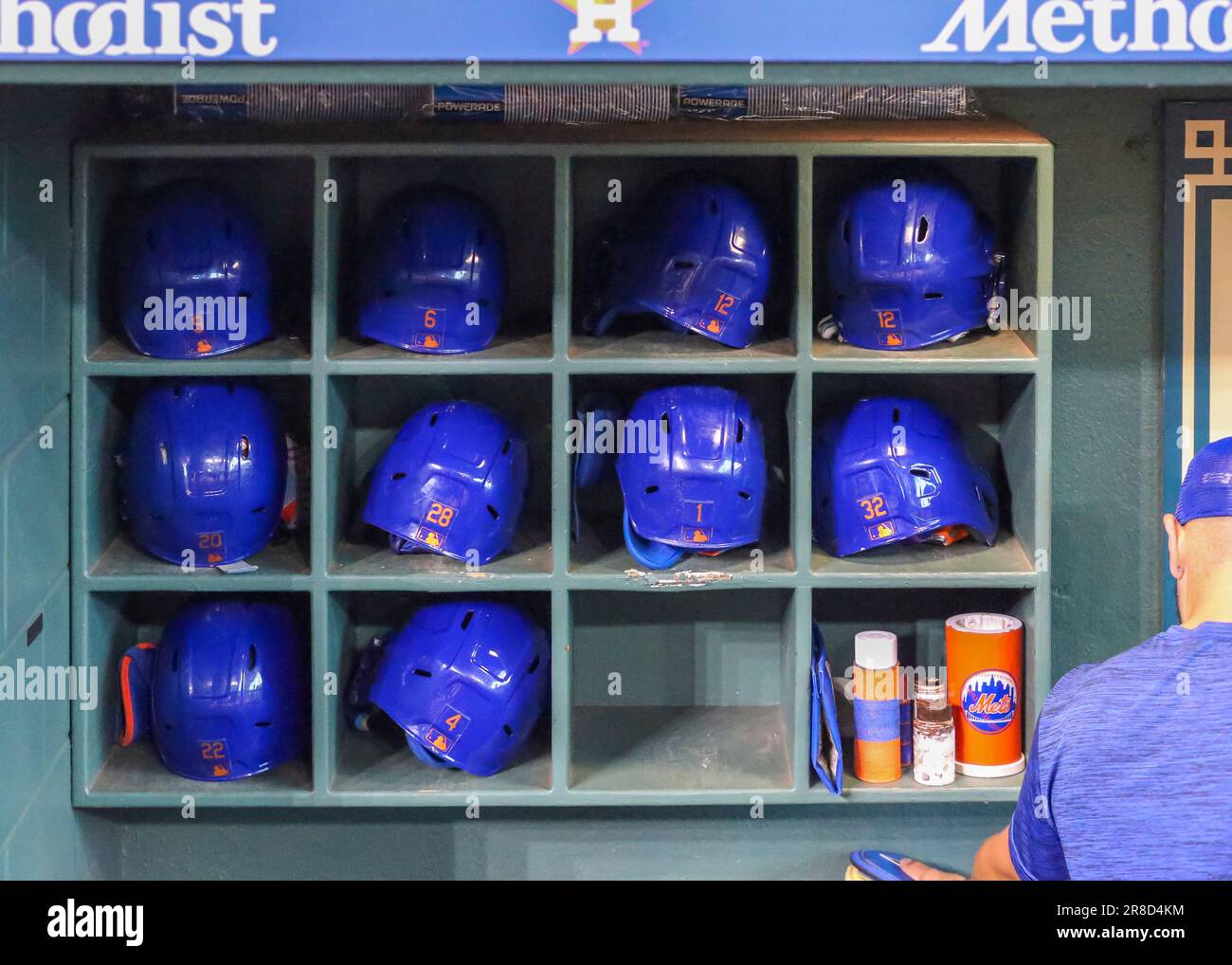 HOUSTON, TX - JUNE 19: New York Mets gear bag rests near the visitors'  dugout during the MLB game between the New York Mets and Houston Astros on  June 19, 2023 at