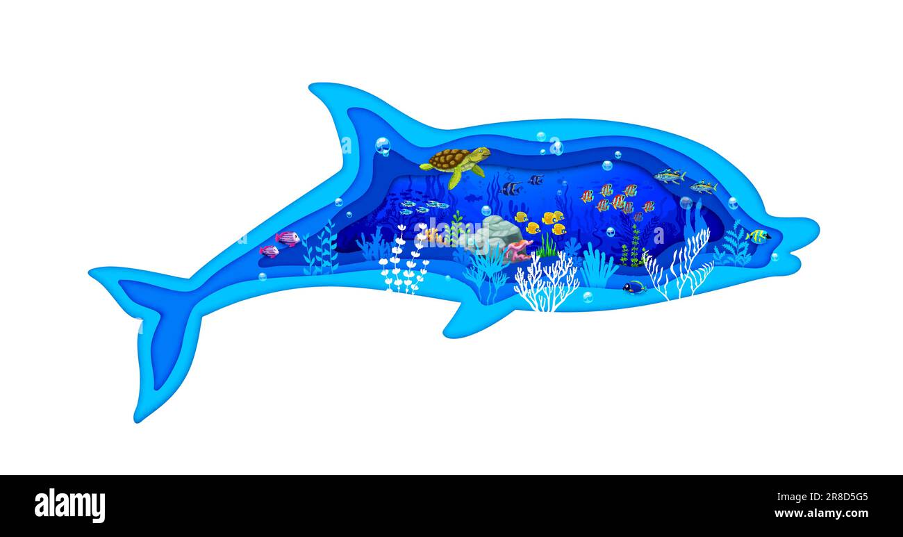 Dolphin silhouette and cartoon sea paper cut underwater landscape ...