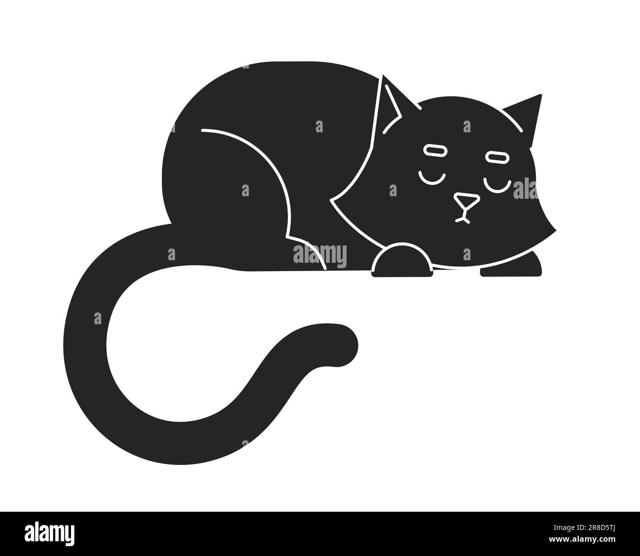 Cute black cat sleeping flat monochrome isolated vector object Stock