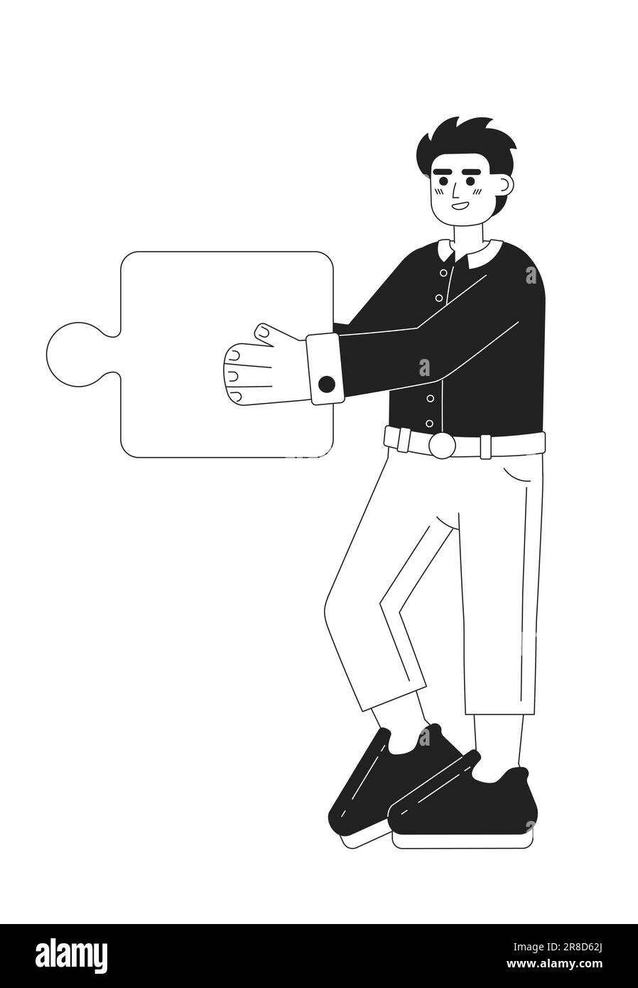 Smiling blond man holding jigsaw monochromatic flat vector character Stock Vector