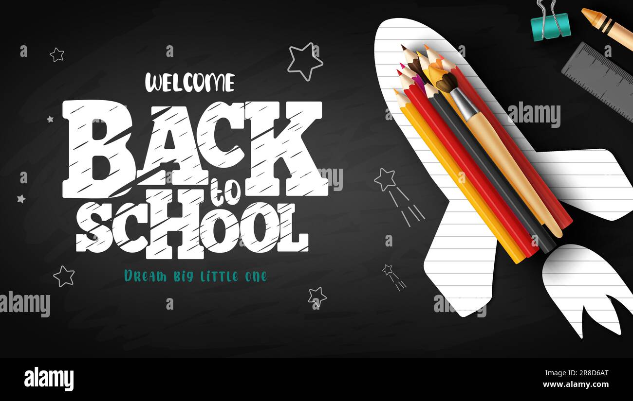 Back to school text vector design. Paper rocket with color pencil and ...