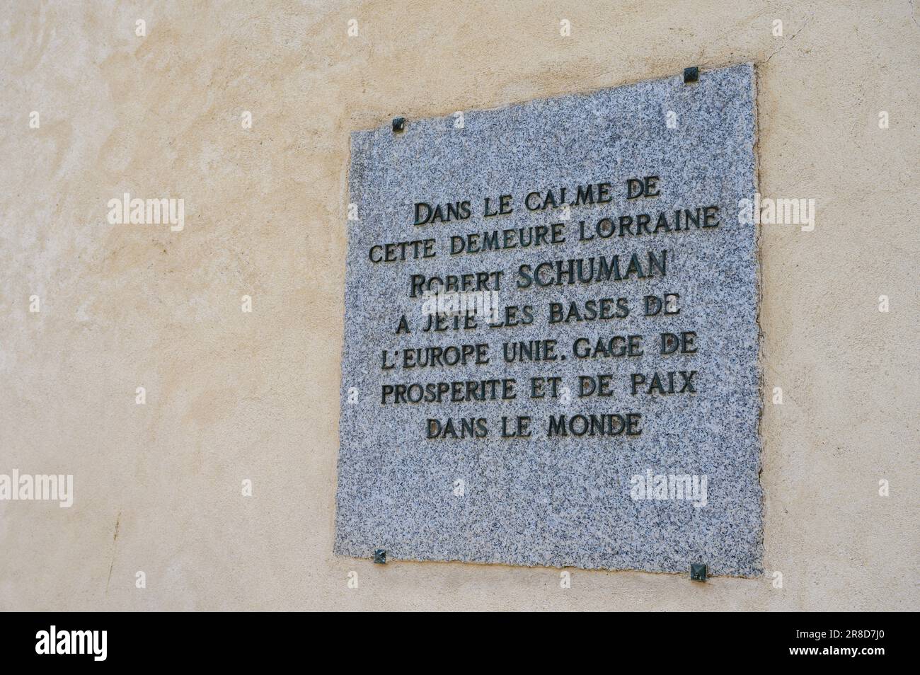A commemorative tablet on the house where Robert Schuman, the Father of Europe, lived. Stock Photo