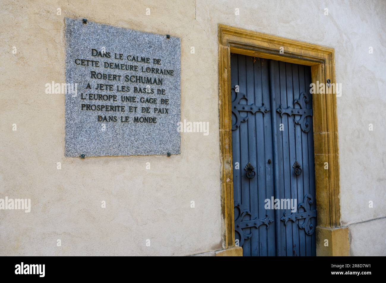 A commemorative tablet on the house where Robert Schuman, the Father of Europe, lived. Stock Photo