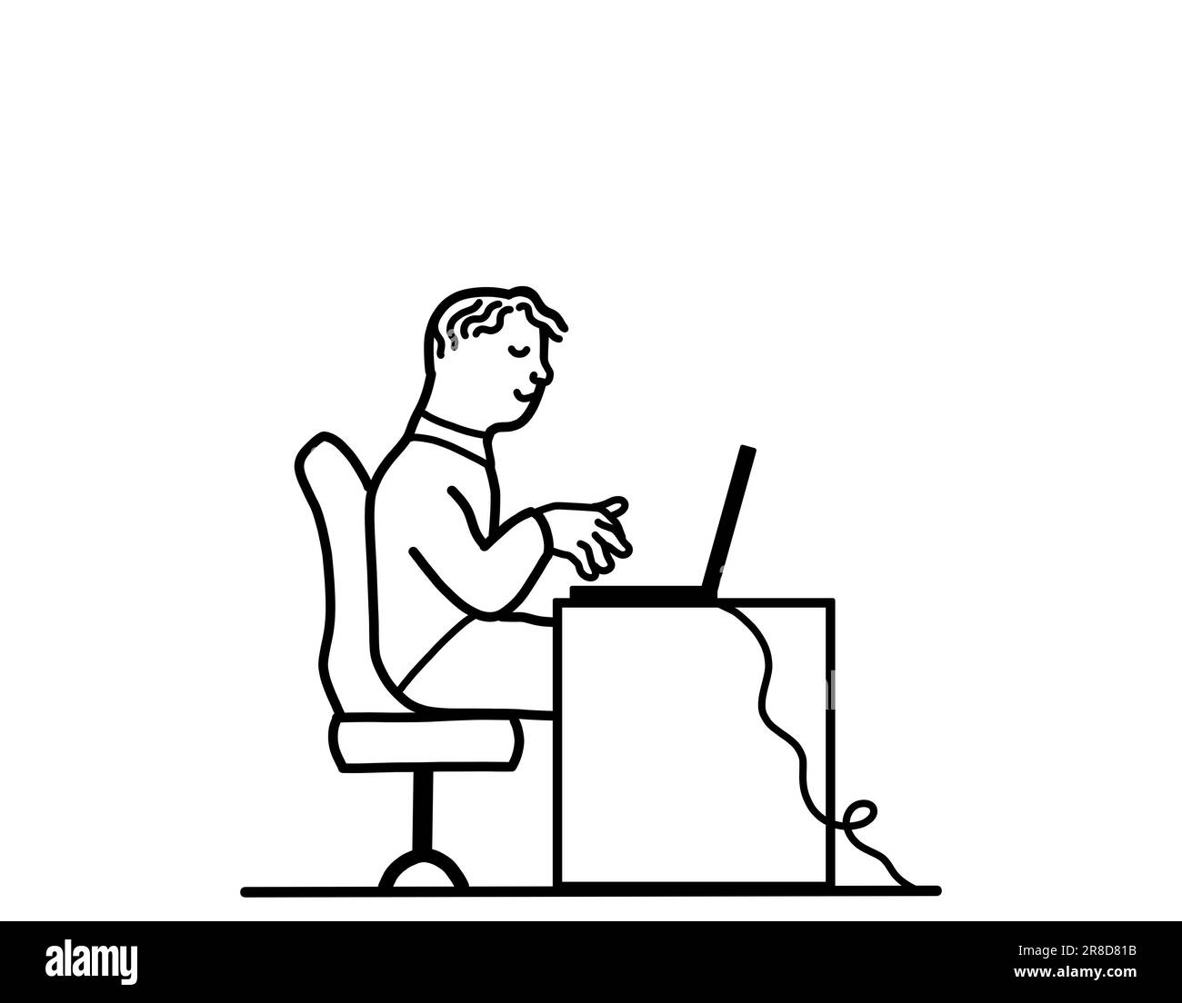 A young adult man working on laptop computer. Online business job occupation concept. Black and white outline drawing with copy space. Stock Photo