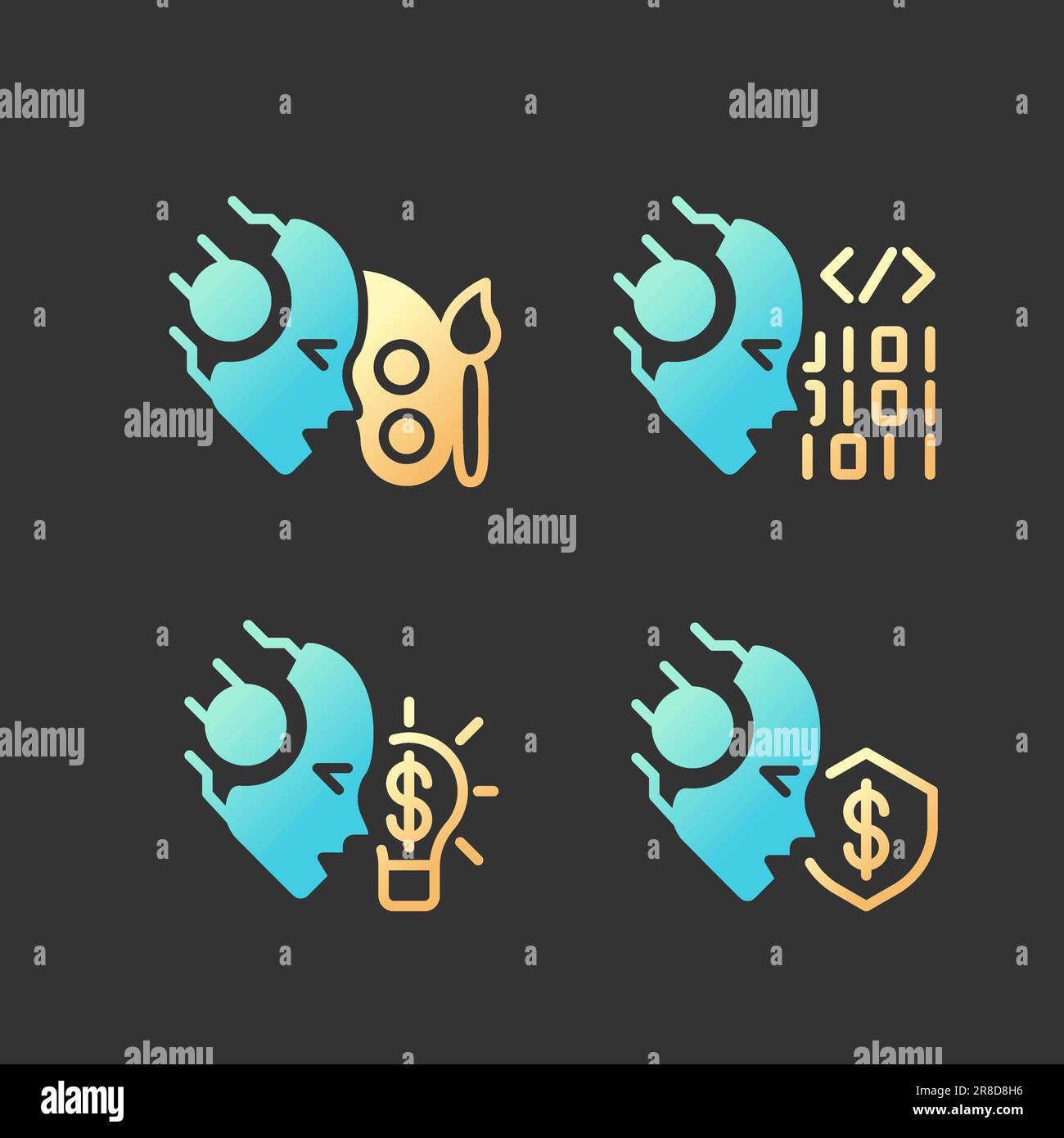 Artificial intelligence skills gradient glyph icons set with lineart ...