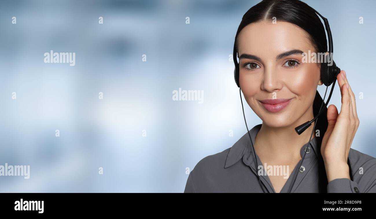 Hotline operator with headset in office, space for text. Banner design