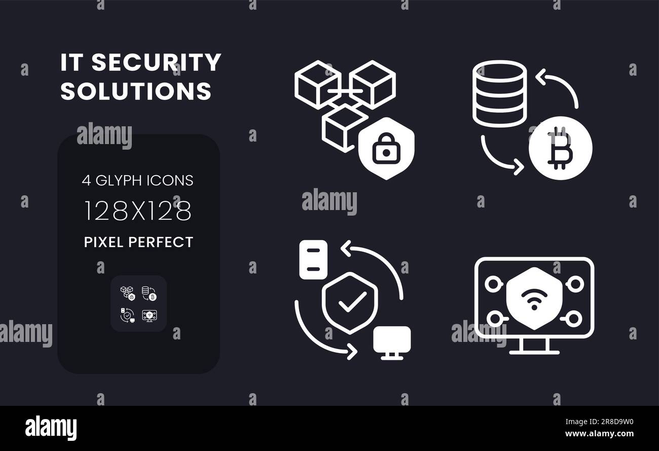 Data privacy solutions white solid desktop icons set Stock Vector