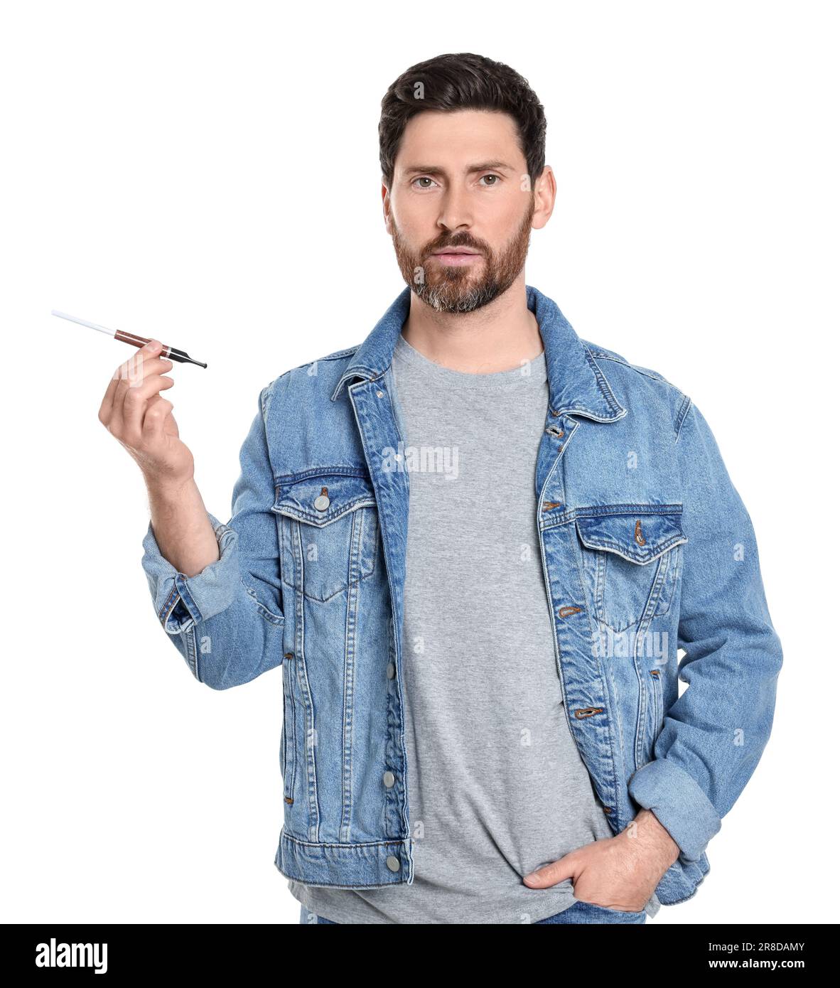 Man using cigarette holder for smoking isolated on white Stock Photo ...