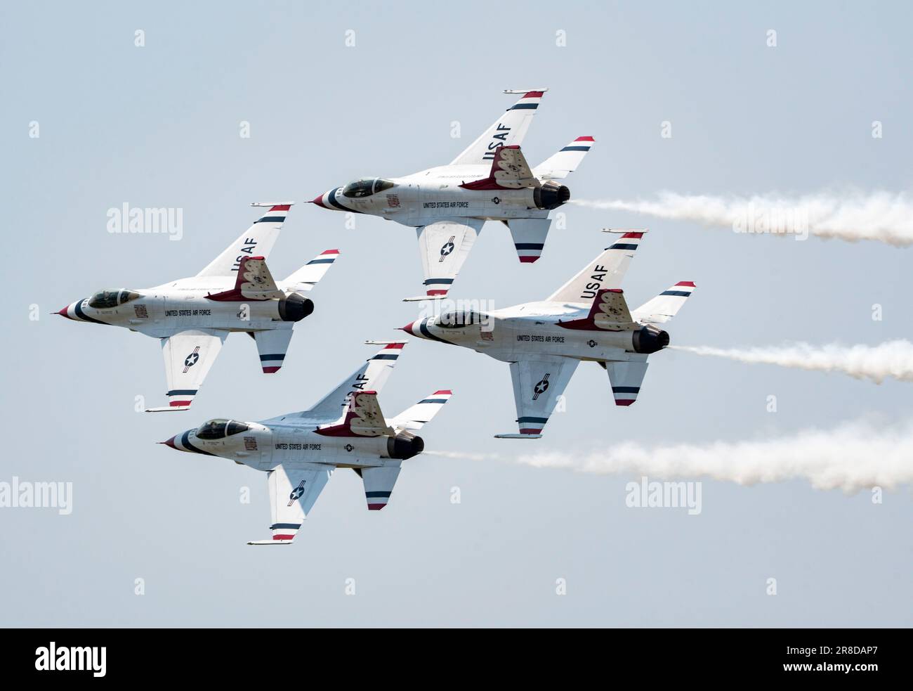 The United States Air Force Air Demonstration Squadron 'Thunderbirds' perform in Latrobe, Pennsylvania, June 15-18, 2023. The Thunderbirds headlined the Westmoreland Air Show to demonstrate the pride, precision, and professionalism of the 695,000 total force American Airmen across the globe. (U.S. Air Force photo by Staff Sgt. Dakota Carter) Stock Photo