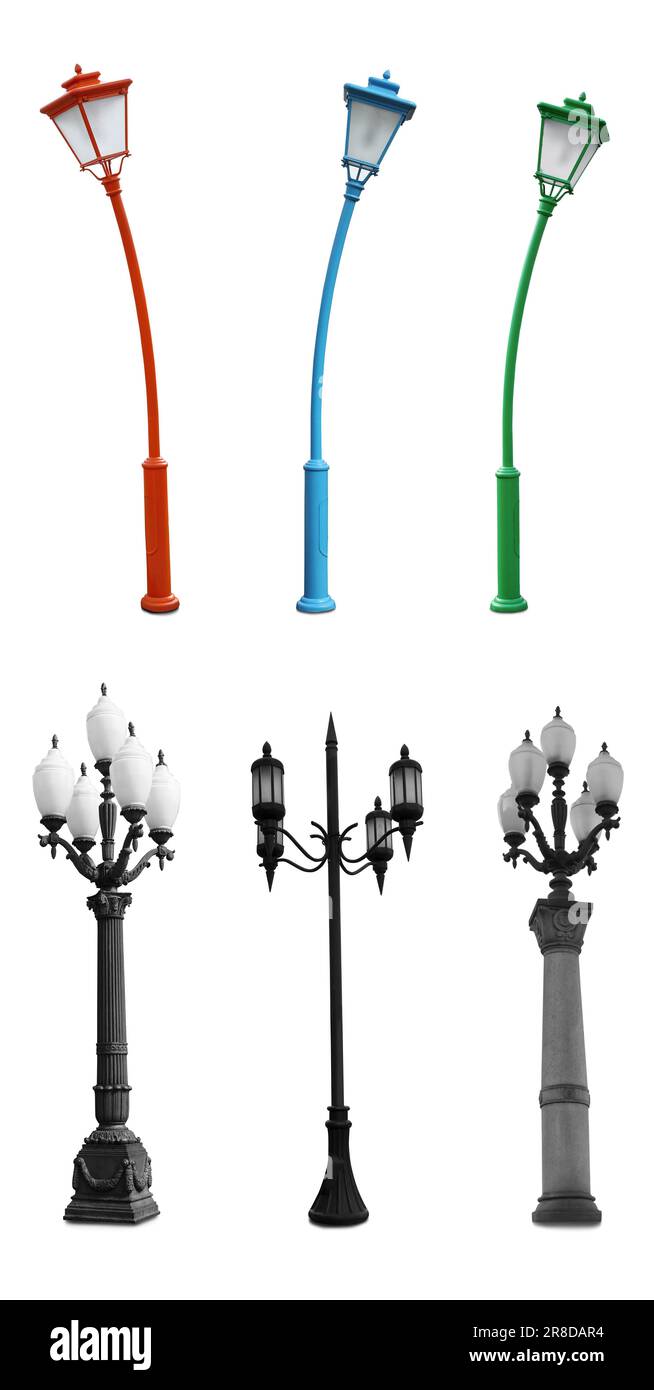 Beautiful street lamps on white background, collage Stock Photo Alamy