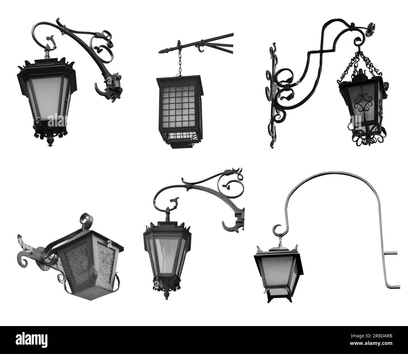 Beautiful street lamps in retro style on white background, collage Stock Photo
