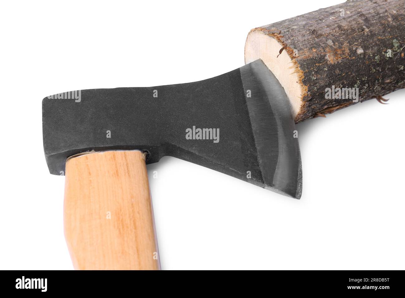 Metal ax in wooden log on white background Stock Photo - Alamy