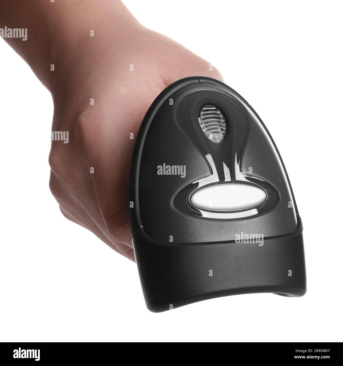 Man with barcode scanner on white background, closeup Stock Photo - Alamy