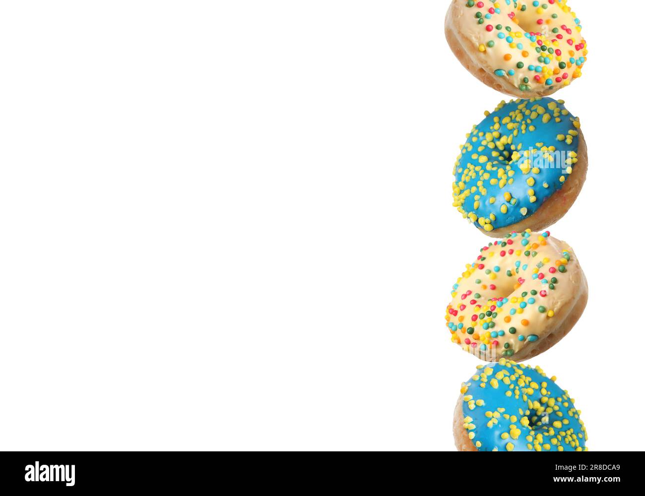 Many different tasty donuts on white background Stock Photo