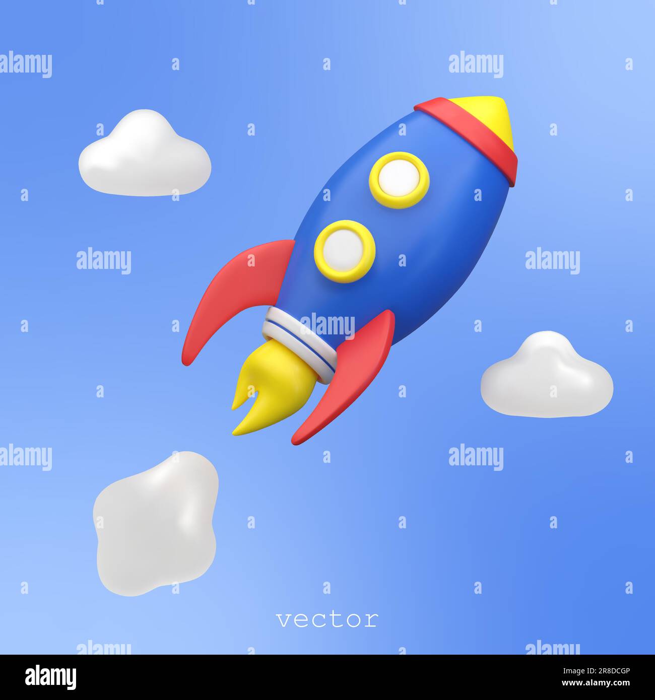 Vector 3D flying space rocket. Spaceship launch. Rocket flying over cloud. Business, startup concept. Vector 3d illustration on blue background. Stock Vector