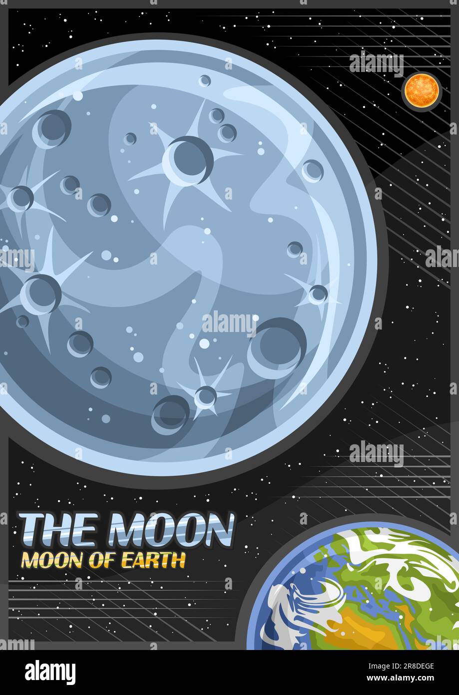 Vector Poster for the Moon, decorative vertical banner with illustration of rotating stone moon around cartoon earth planet on black starry background Stock Vector