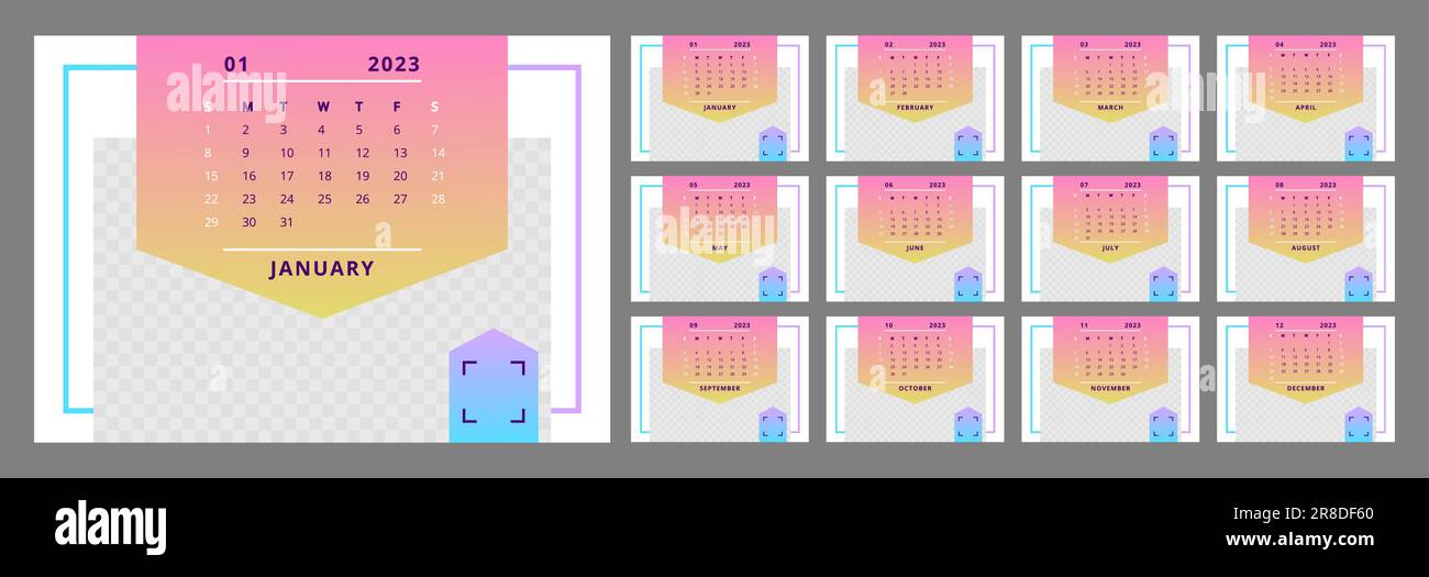 Pink gradient arrow pointer wall calendar design template for 2023 year Stock Vector