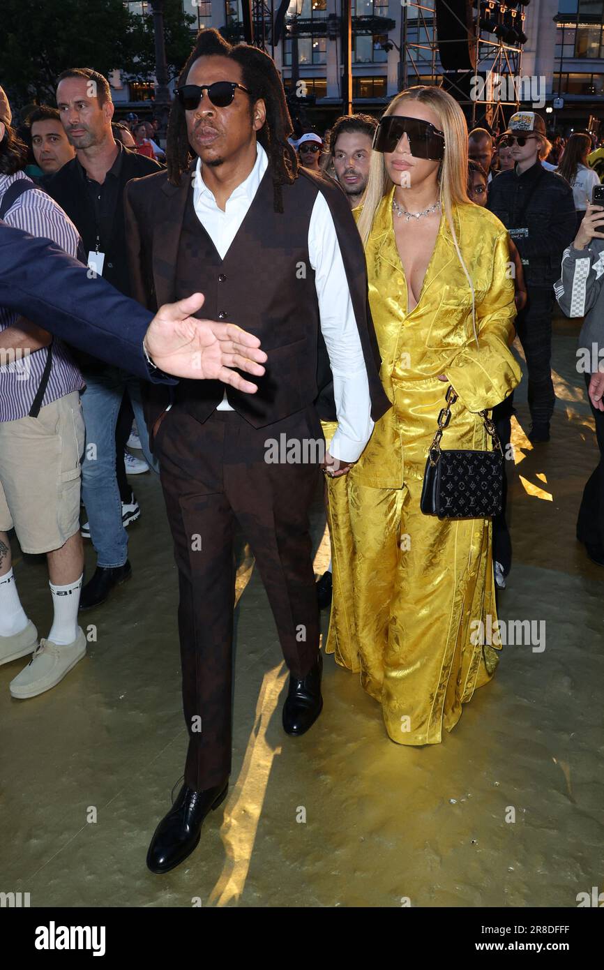 Paris, France. 20/06/2023, Jay-Z and Beyonce attend the Louis Vuitton  Spring/Summer 2024 fashion show during the Paris Fashion Week menswear  spring/summer 2024 on June 20, 2023 in Paris, France. Photo by Jerome
