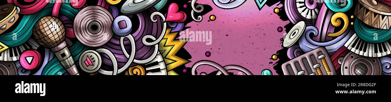 Music hand drawn doodle banner. Cartoon vector detailed flyer. Illustration with musical objects and symbols. Colorful horizontal background Stock Vector