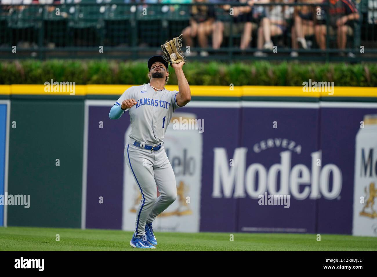 Kansas City, United States. 30th Mar, 2023. Kansas City Royals right  fielder MJ Melendez (1) loses his grip on the ball while attempting to  throw a Minnesota Twins runner out at first